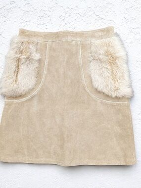 Vintage suede mini skirt w real fur pockets cream winter coquette M
